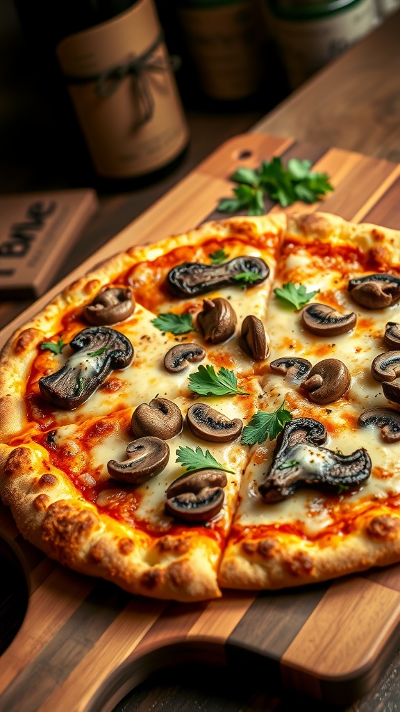 Delicious steak and mushroom pizza with melted cheese and fresh parsley on a rustic wooden board.